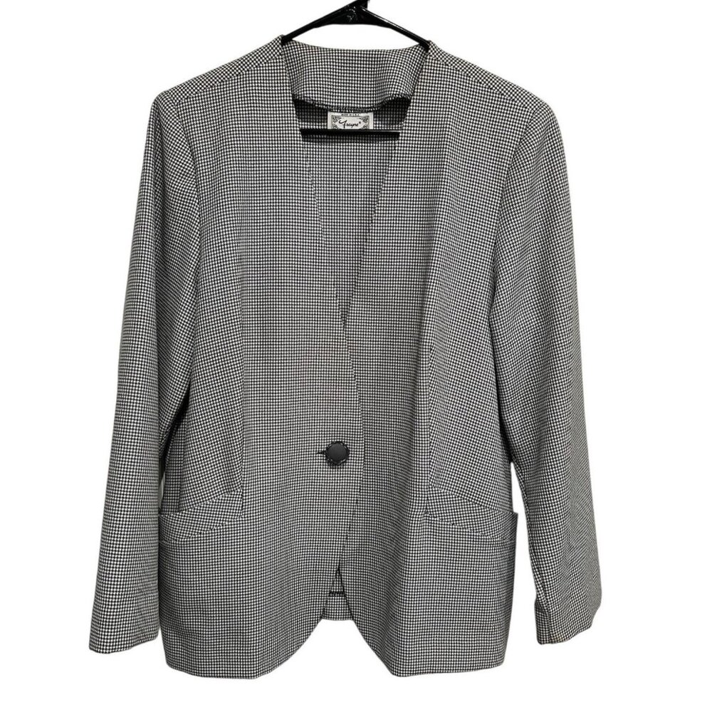 Vintage Troyne Houndstooth Pattern Blazer Black White Single Button Size Medium